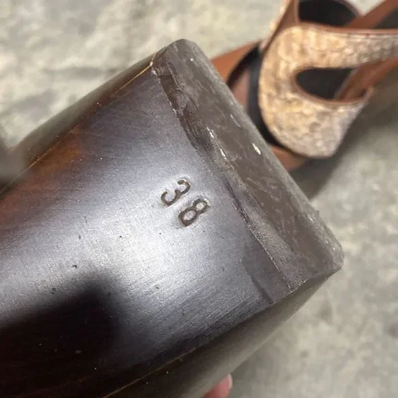 Fendi Embossed Brown Leather Slide Platform Heel Sandal Size 38 - Picture 8 of 11